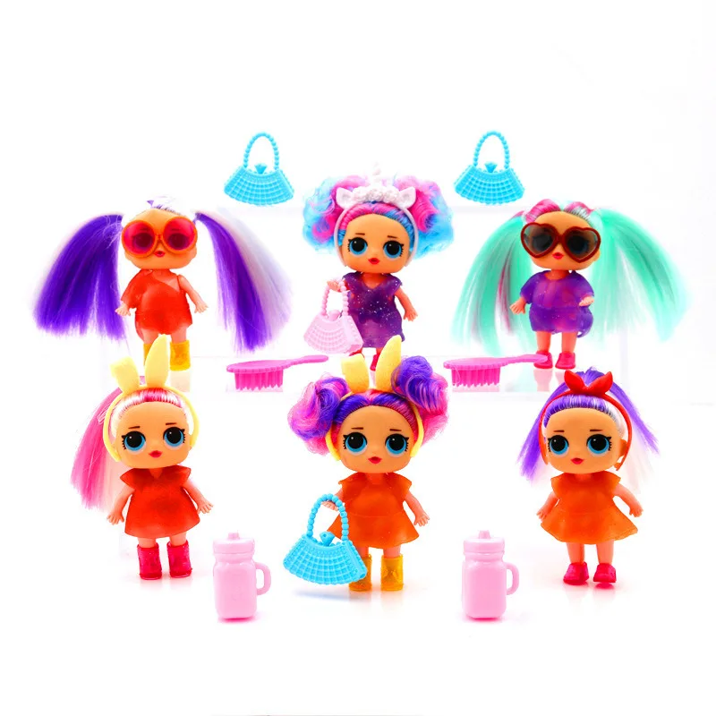 

6PCS/set 8CM Hair transplanting doll surprise change color dolls toy figures sister doll with comb bag bottle toys for children
