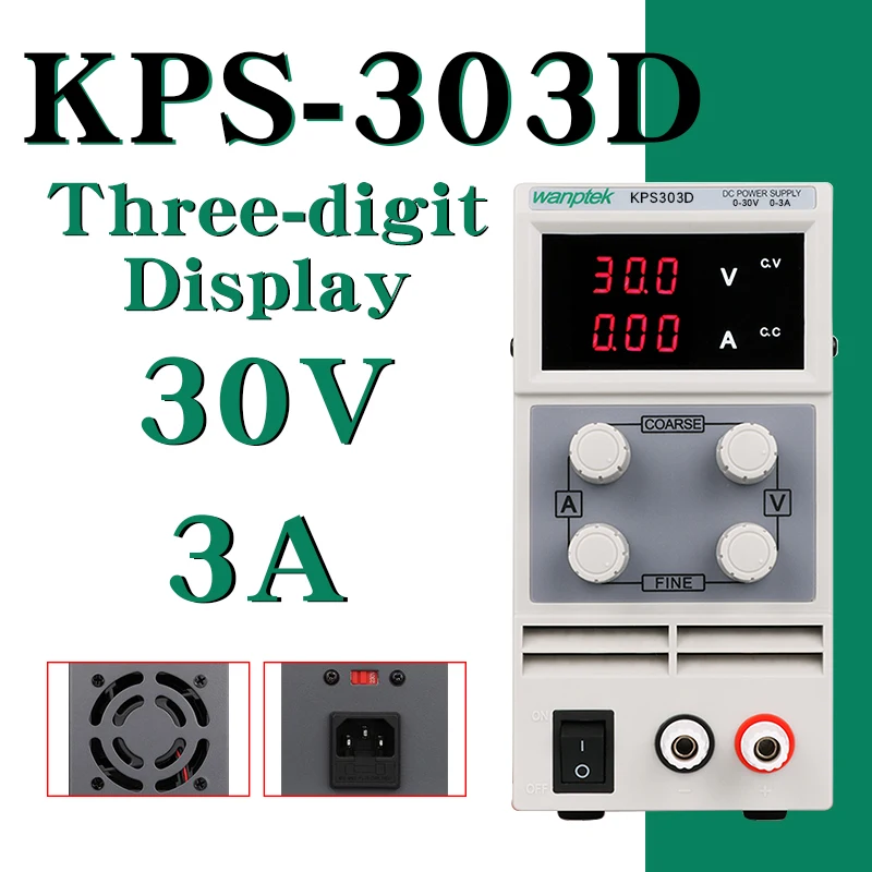 

DC Power Supply KPS303D Variable 30V 3A Adjustable Switching Regulated Power Supply Digital with Alligator Leads lab Equipment