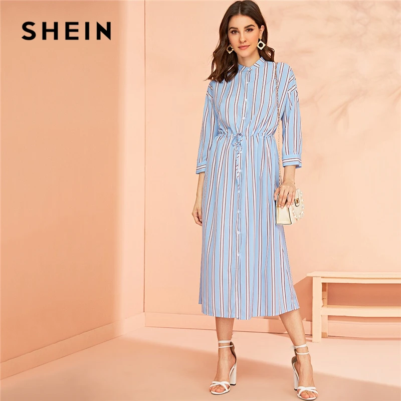 

SHEIN Blue Drawstring Waist Striped Shirt Long Dress Women Office Stand Collar Spring Autumn High Waist Elegant Straight Dresses
