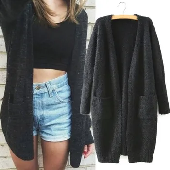 

Ladies Casual Long Knitted Cardigan New Autumn Women Loose Solid Color Pocket Design Sweater Jacket Coat Outwear