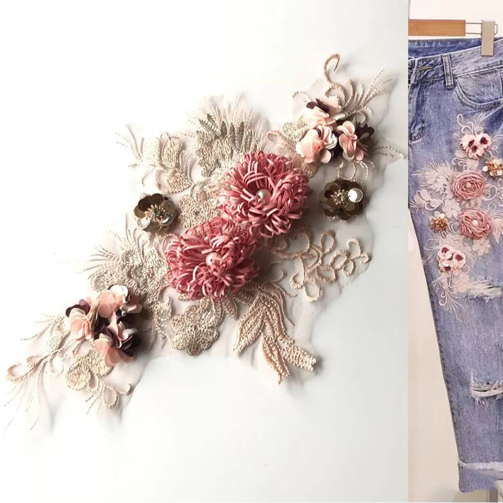 

Rose Floral Craft Women Clothing Lace Sewing Supplies Embroidery Patch Neckline DIY Collar Decorative Dress Rhinestone Applique