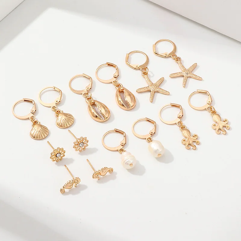 

7 Paris/Pack New Creative Design Gold Color Holiday Ocean Earrings Beach Starfish Shell Octopus Fashion Earrings for Women