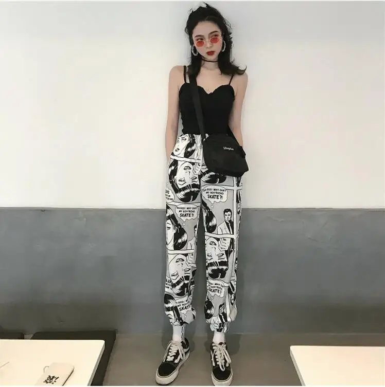 

Harajuku Cartoon Print Women Harem Pants Elastic Wasit Ankle Length Trousers Spring Autumn Causal Loose Pants