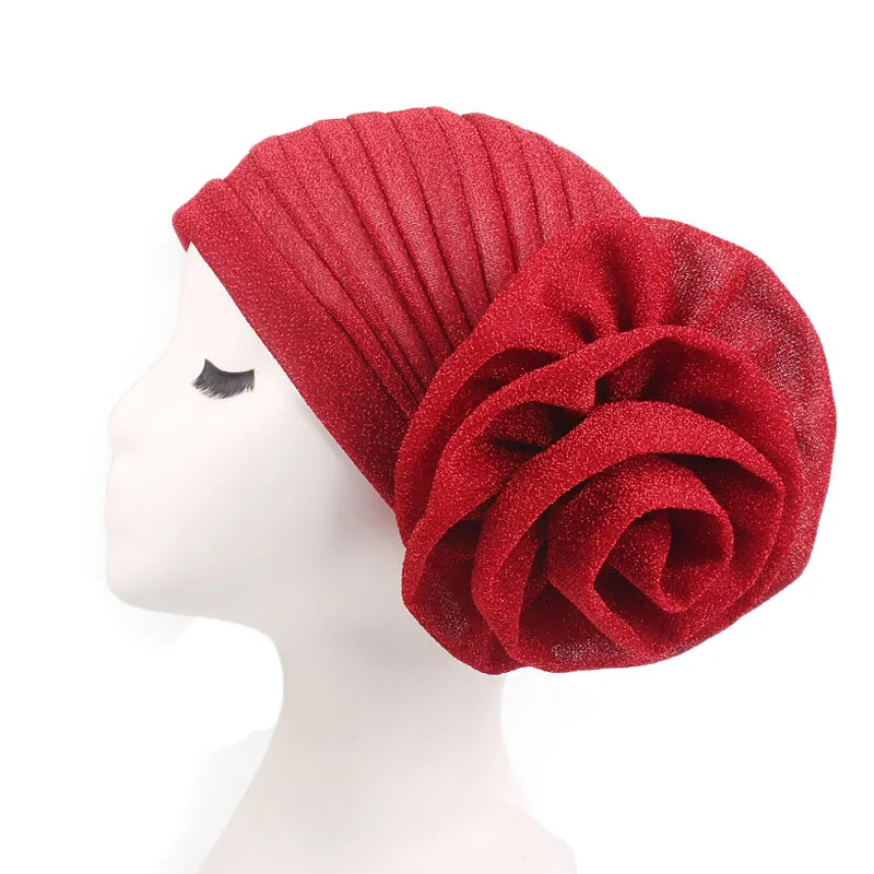 

Muslim India Hat Cap Big Flowers Headband Women Hair Accessories for Ladies New Bright Silk Turban for Women