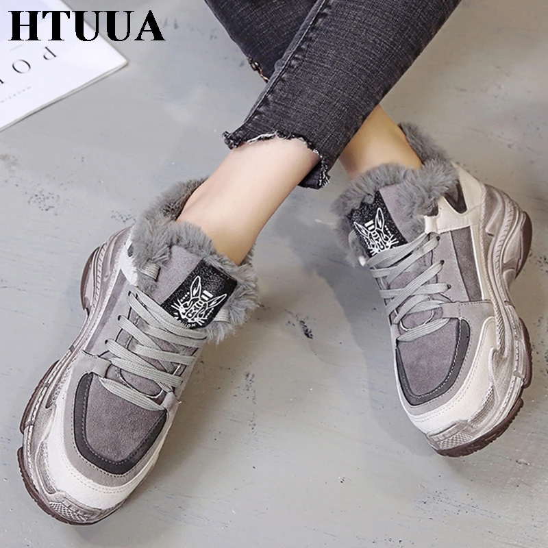 HTUUA Fashion Women Sneakers Warm Fur Plush Winter Shoes Woman Platform ...