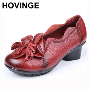 

HOVINGE Brand Women's Pumps Shoes Retro National Wind Handmade Mid Heels Genuine Leather Shoes Spring Women's Soft Soles Pumps,