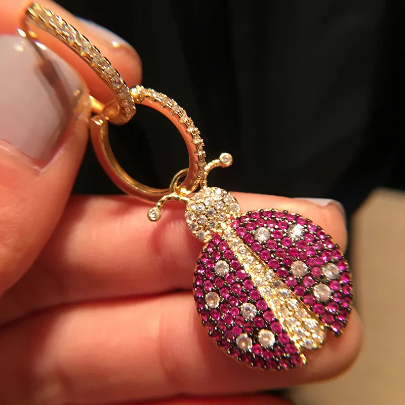 

UMGODLY Luxury Brand Asymmetric Yellow Gold Color Ladybug Earrings Pink Red Zircon CZ Women Party ARC EN CIEL Jewelry Gift