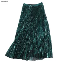 Г. новые женские роскошные длинные Блестящие Зеленые Блёстки плиссированная юбка сбоку на молнии из сетчатого материала на нарядные юбки с черной подкладкой внутри