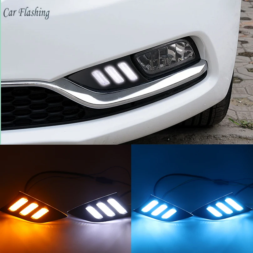 

Car Flashing 2 pcs For KIA K3 2013 2014 2015 2016 LED DRL Daytime Running Light Daylight Fog Light yellow turn Signal lamps DRL