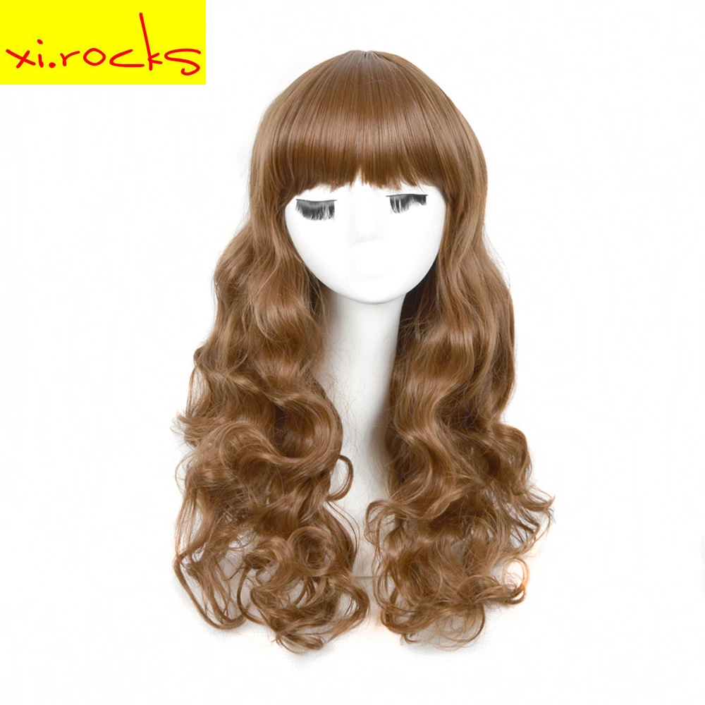 3157 Xi.Rocks Brown Synthetic Long Wigs Wavy Daily Natural Heat Resistant Fiber Full Head Hair  For Women Party Hairpiece