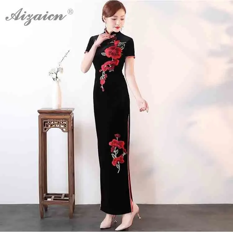 Модные бархатные вышивкой Cheongsam платья Китай элегантный тонкий китайское платье Ципао традиционные Костюмы Женская Роба в восточном стиле