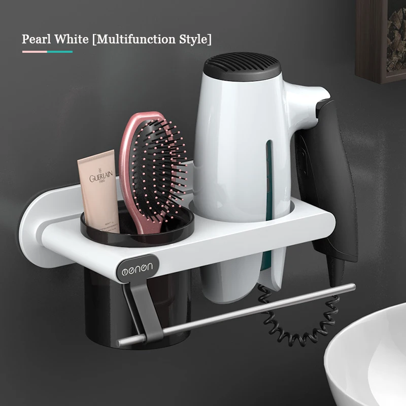 ONEUP Hair Dryer Holder With Cup Households Wall Mount Hair Dryer Storage Shelf Plastic Organizer Rack Bathroom Accessories Set - Цвет: Upgrade White