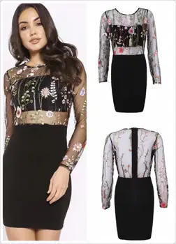 

New Fashion Outfit Appliques Mesh Long Sleeve Top Rayon Mini Bandge Dress