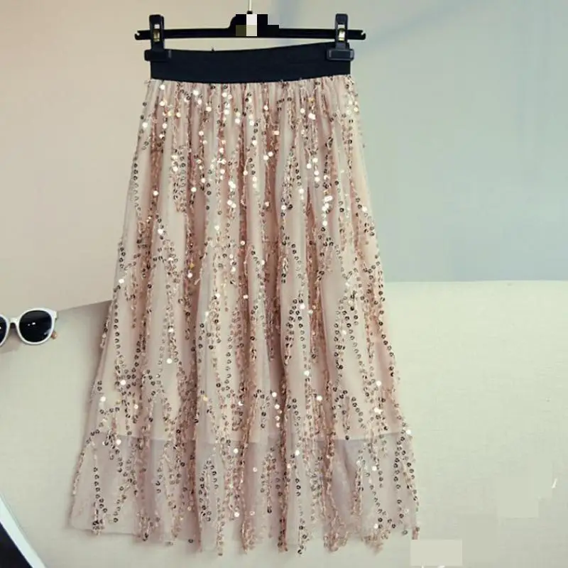All Match Style Sequin Tassels Sparkling Women Summer Skirt Tulle Skirt