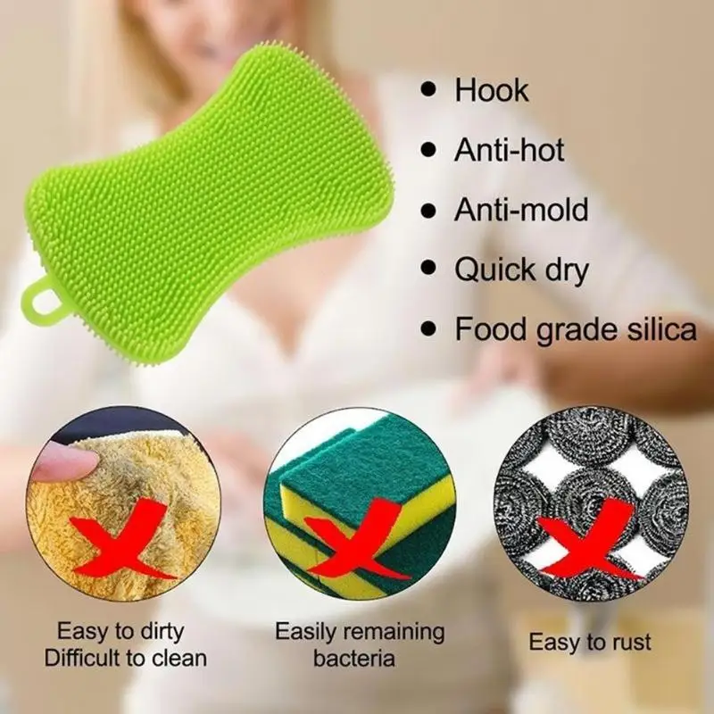 1/3/4pcs Kitchen Cleaning Brush Silicone Dishwashing Brush Pot Pan Sponge Scrubber Fruit Vegetable Dish Washing Cleaning Brushes