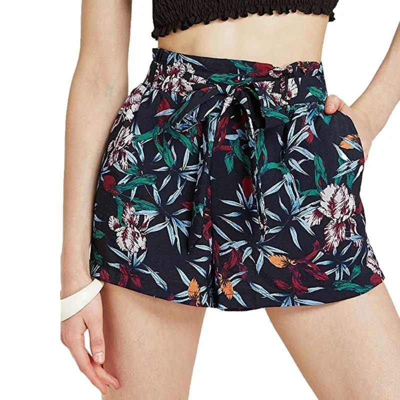 Fashion Women Floral Print Shorts Casual Drawstring Elastic Waist Wide