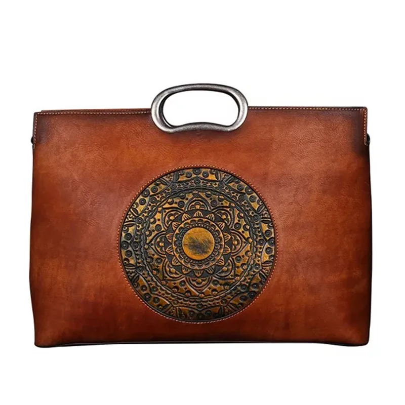 

Unique Embossing Totem Designer Ladies Single Cross Shoulder Bag Vintage Genuine Cow Leather Metal-handle Female Clutch Handbag