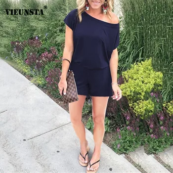 

VIEUNSTA Off Shoulder Short Sleeve Beach Romper Sexy Jumpsuit Solid Elastic Waist Slim Summer Playsuit Casual Overalls For Women