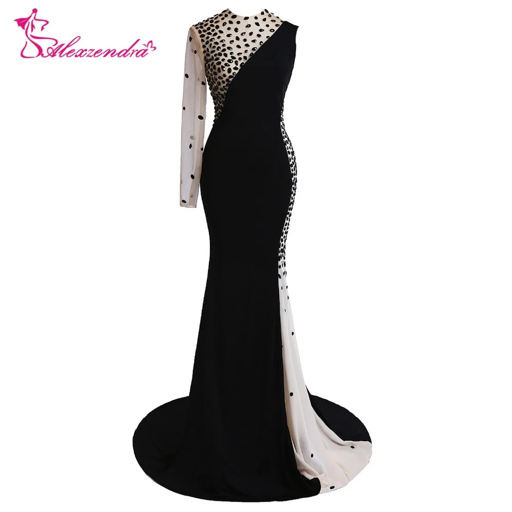 Alexzendra Long Mermaid One Shoulder Black Illusion Evening Dress Plus