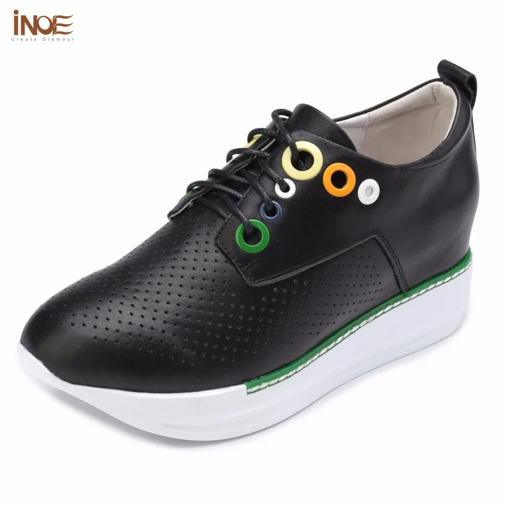 

INOE new fashion style spring women shoes genuine cow leather lace up summer big girls shoes flats white high quality loafers