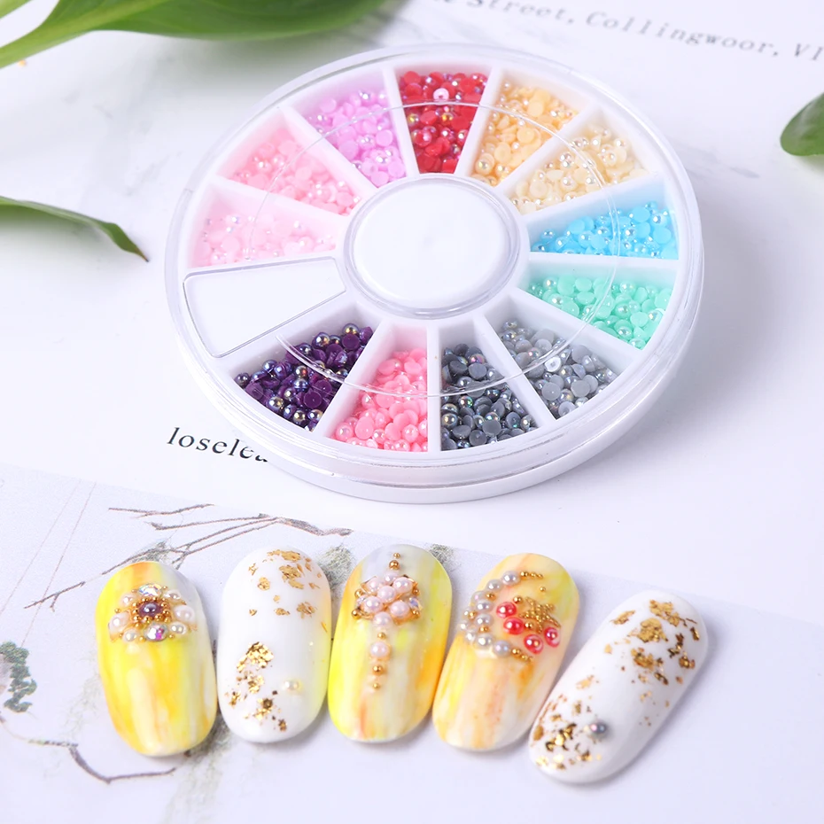 1 Wheel 2mm Colorful Pearls Rhinestones 3D Half Round Glitter Nail Art Decoration Beads Flatback Gems Jewelry DIY Manicure LA969 (7)