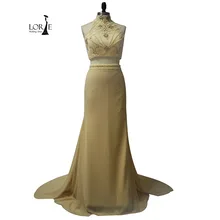 Champagne abendkleid 2017 Echt Bild High neck Perlen Chiffon Graduation Abendgesellschaft Kleider vestidos de dos piezas largo