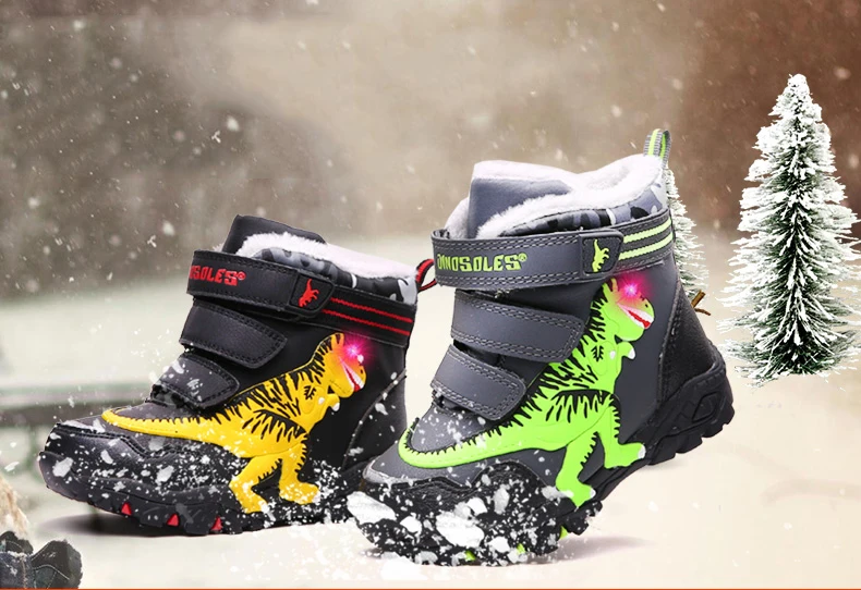 Dinoskulls Boys High Boots Children Warm Fleece Boots Kids Boys Winter Warm Shoes Light Up Led Shoes Boys T-REX Boots 27-34