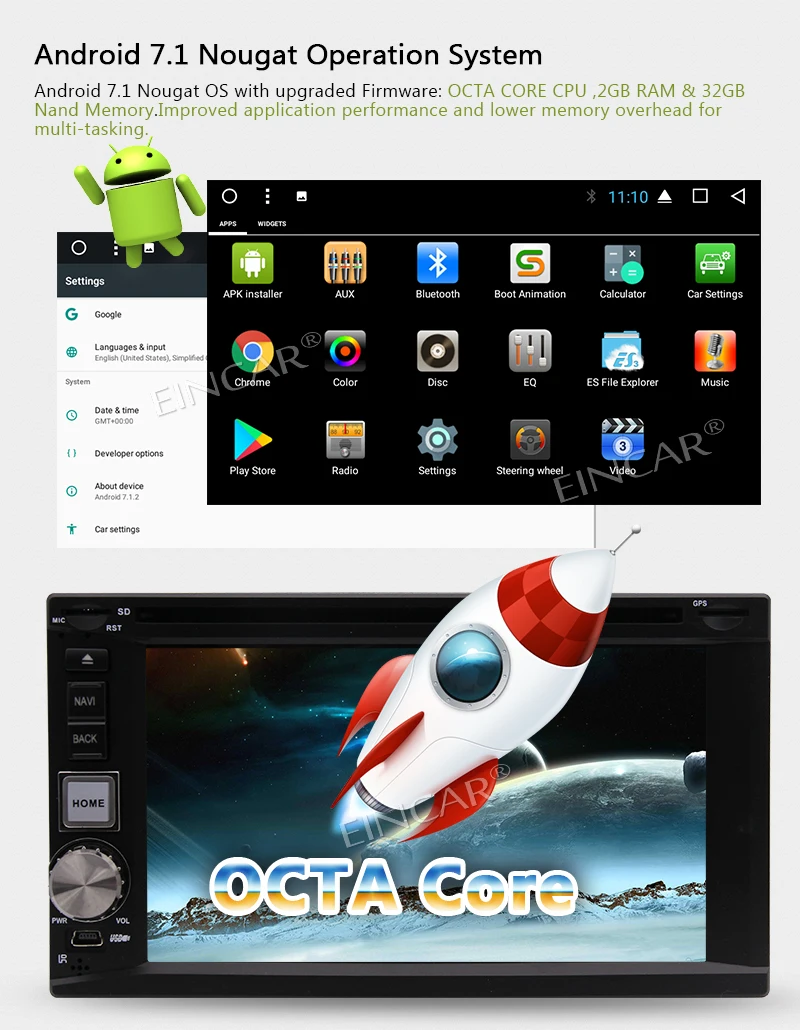 Cheap EinCar 2din Android 7.1 Car dvd Stereo Receiver with Bluetooth and GPS Navigation Multi-point Touch screen with Wifi Rear Camera 3