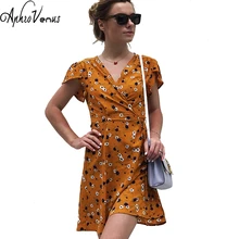 Deep V-neck Sexy Dresses Short Sleeve Women Dress Summer Vacation Casual Sunsuit Female Floral Print Beach Wear Dress Women