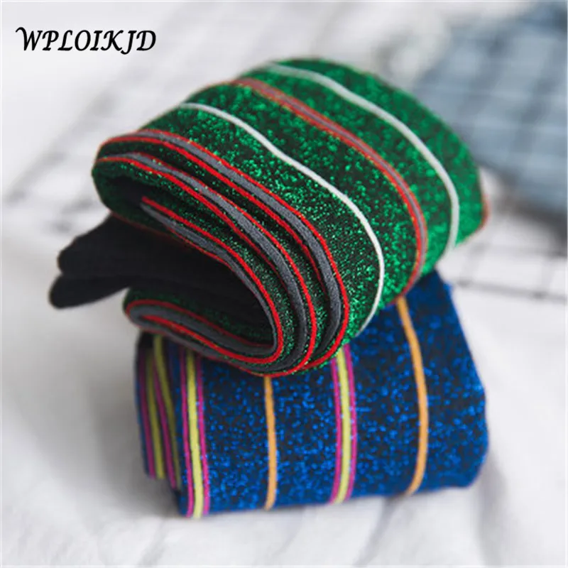 [WPLOIKJD] Gold Silver Bling Women Socks Fashion Original Brand Design Glitter Shining Heap Pile Socks Street Style Dress Socks