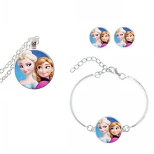 Милый мультфильм Ювелирные наборы Анна Эльза Принцесса стеклянный купольный кабошон кулон ожерелье браслет серьги Любовь Подарки для детей девочка