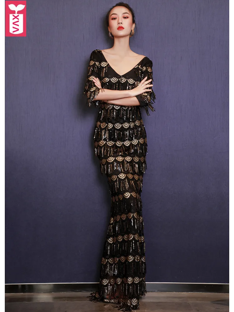 

Custom Noble Elegant Party Black Evening Sequins Long Dress Womens Wedding Party Mermaid Floor-Length Dress 2019 Spring