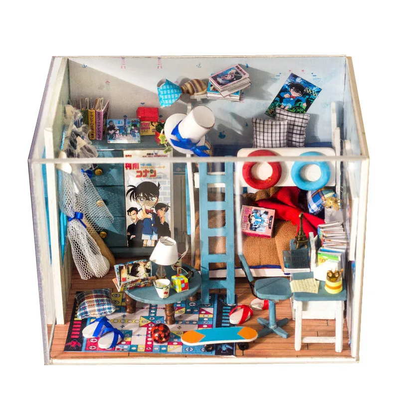 iiE CREATE 2018 New DIY 3D Wooden Detective Conan Case Closed Doll house miniature with LED+Furniture+cover Room for children Lover Gift (3)