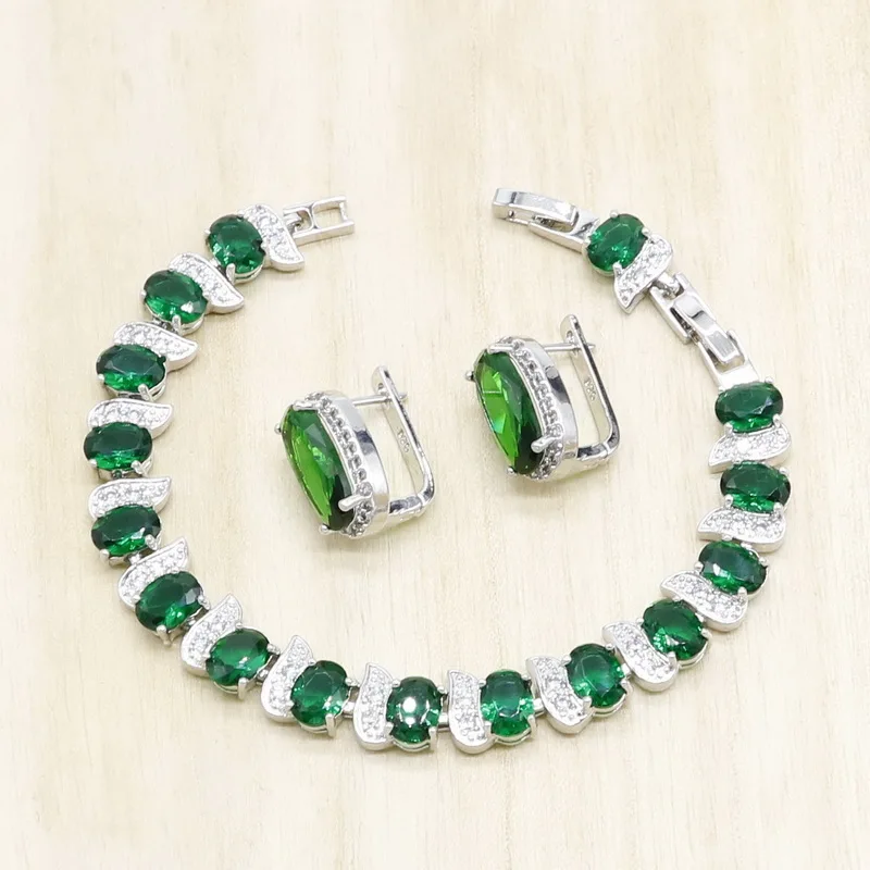 Geometric Green Crystal Necklace Earrings Bracelet 925 Sterling Silver Jewelry Sets for Women Party Wedding Bridal Jewelry