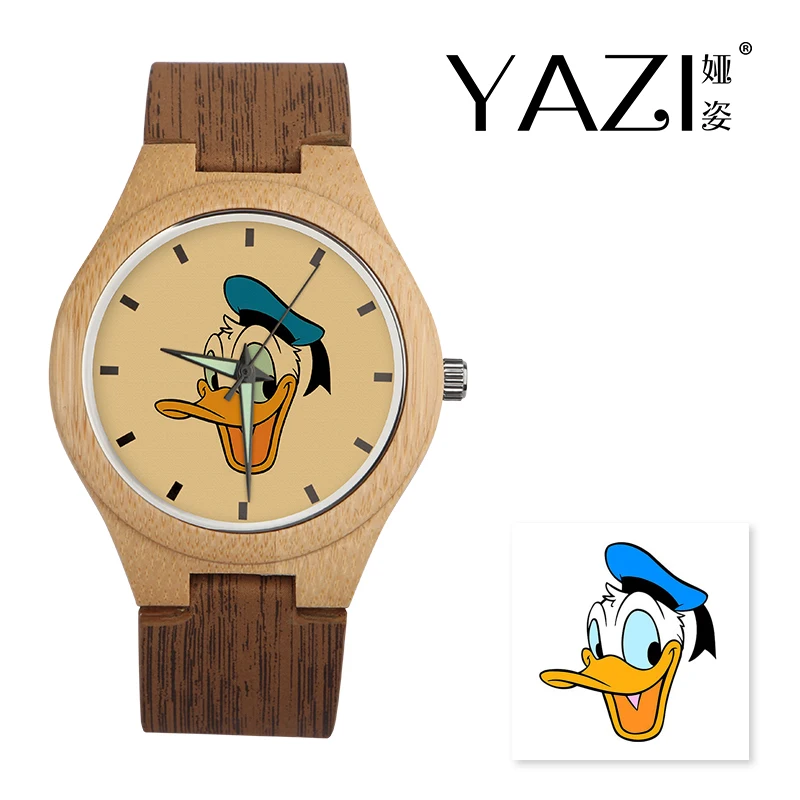 

YAZI DIY Wooden Watch Donald Duck Head Logo Quartz Watches Natural Bamboo Wood Case Wrist Watches Wood Stripe Band Memory Gift