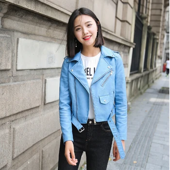 

Pu Leather Jacket Women Fashion Bright Colors Black Motorcycle Coat Short Faux Leather Biker Jacket Soft Jacket Female