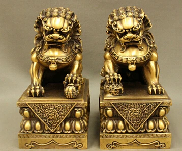

0 10 Classic Chinese Pure Bronze Foo Fu Dog Guardion Door Lion Leo Kid Pair Statue