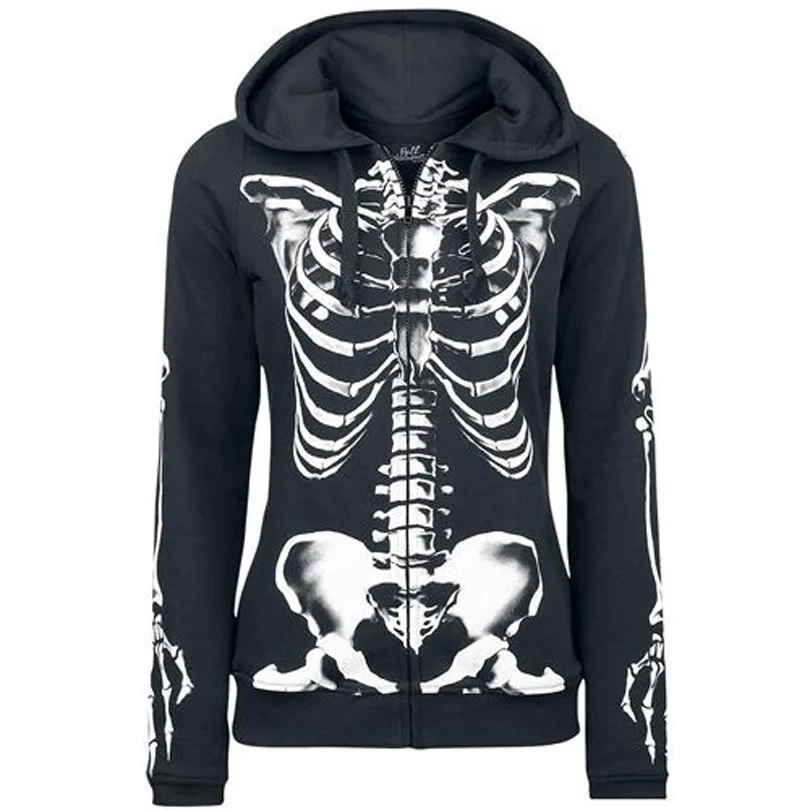 2018 Gothic Punk Women Skull Skeleton Frame Print Hoodies Hooded Long