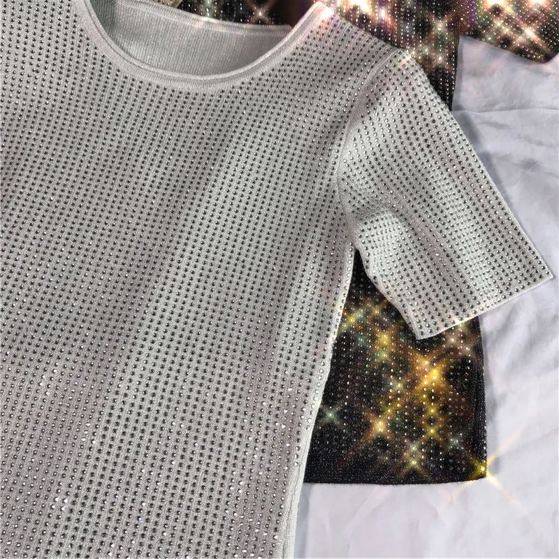 Женские роскошные трикотажные рубашки с бусинами и бриллиантами летние высококачественные золотистые черные футболки с круглым вырезом футболки с коротким рукавом женские топы