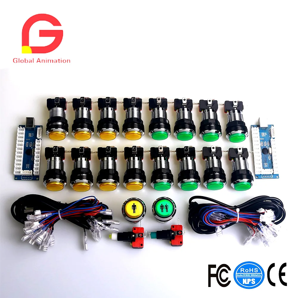 

Arcade LED DIY Kit For PC 2 Players LED USB To LED Illuminated Joystick 16pcs 30mm Silver Push Button With Microswitch