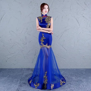 chinese women cheongsam dress traditional chinese wedding gown long oriental blue lace designer  clothing china red