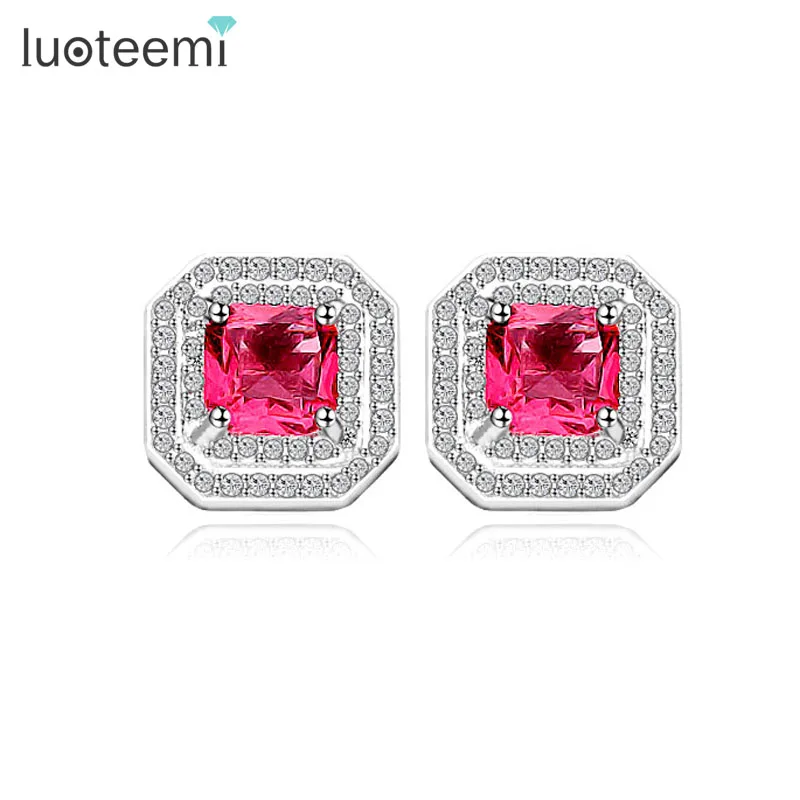 

LUOTEEMI Europe Classic Square Zirconia with Mirco CZ Around Stud Earrings White Gold-Color Jewelry for Women Factory Sale