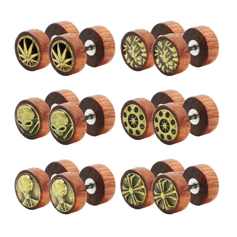 

1 pair free shipping men's earrings ear studs earings natural wood leaf skull stainless steel bar anti-allergic pendientes new