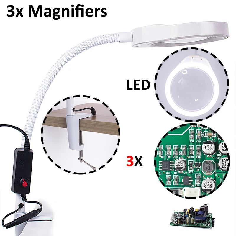  Flexible 3X Lamp Magnifier Clip-on Table Top Desk LED Reading Large Lens Illuminated Magnifying Gla - 4000151289810