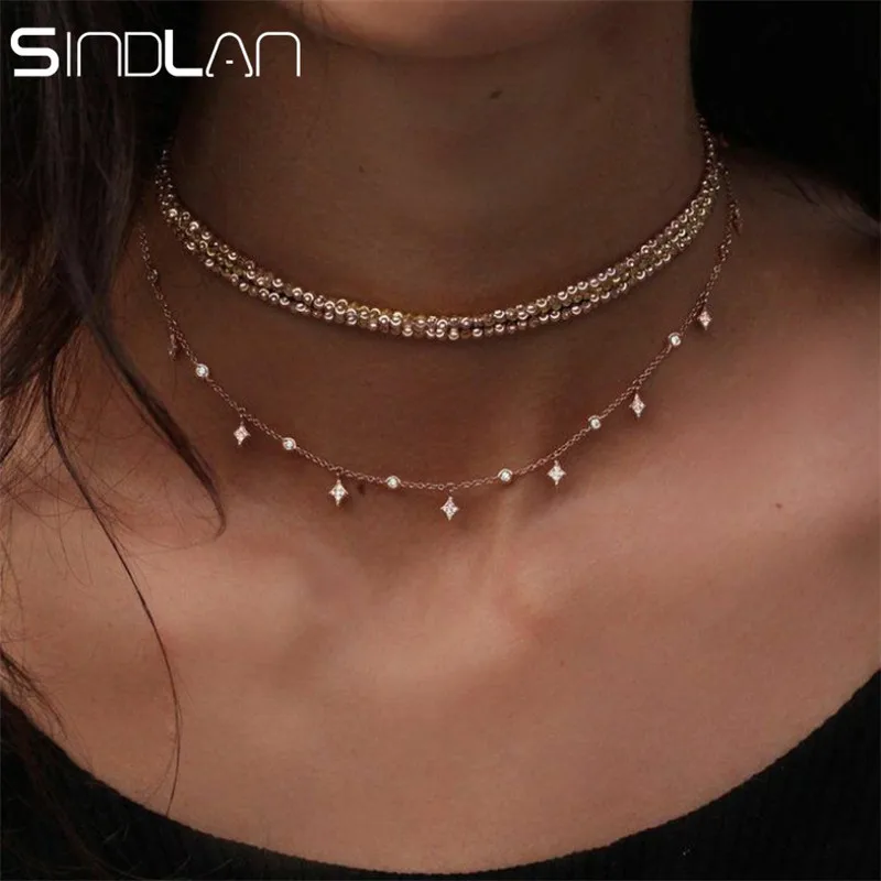 

Sindlan Romantic Crystal Star Choker Necklace Women Boho Tassel Necklace Pendants Neck Chain Multiple Layers Gold Necklace
