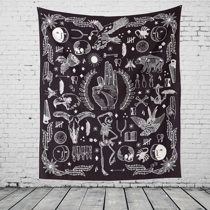 OK Eagle Bear Skull Hanging Tapestry Halloween New Design Black White Mandala Hippie Boho Tapestry Bohemian Beach Towel - Color: as picture