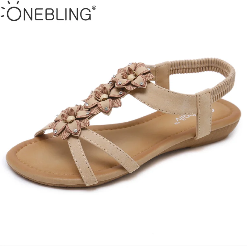 

One Bling Plus Size Bohemia Ethnic Flower Floral Sandals Open Toe Ankle Wrap Elastic Band Flat Heel Shoes Casual Flats