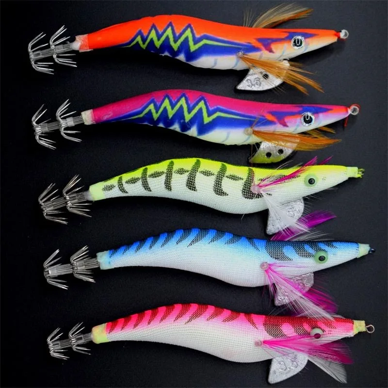 

10Pcs Hard Octopus Squid Jigs Lures Cuttlefish Artificial Bait Wood Shrimp Fishing Lure Box 3.5# Squid Hooks Size Random Color