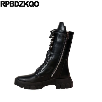 

fur retro genuine leather 2018 mid calf black lace up ladies luxury brand shoes women round toe boots chunky autumn handmade