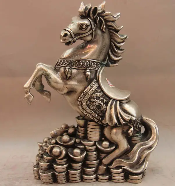 China White Copper Silver Feng Shui Dragon Yuan Bao Wealth Money China White Copper Silver Feng Shui Dragon Yuan Bao Wealth Money Horse Statue